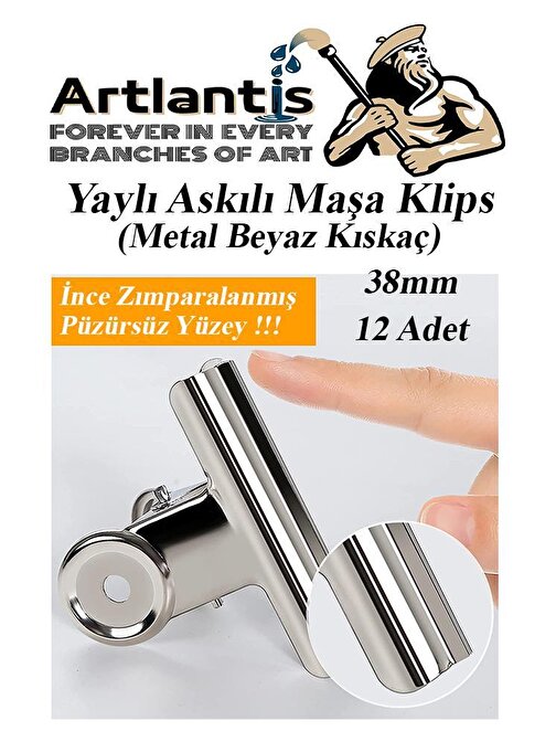 Artlantis Yaylı Askılı Maşa Klips 38 mm 12 Adet Metal Beyaz Kıskaç 140 Yaprak Kapasiteli Pürüzsüz Mandal Kıskac