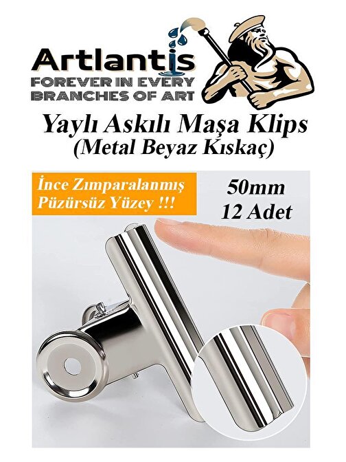 Artlantis Yaylı Askılı Maşa Klips 50 mm 12 Adet Metal Beyaz Kıskaç 140 Yaprak Kapasiteli Pürüzsüz Mandal Kıskac