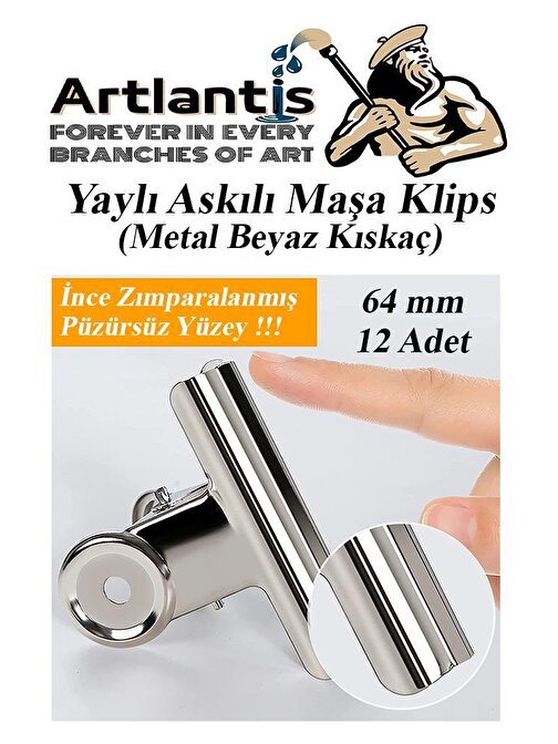 Artlantis Yaylı Askılı Maşa Klips 64 mm 12 Adet Metal Beyaz Kıskaç 140 Yaprak Kapasiteli Pürüzsüz Mandal Kıskac