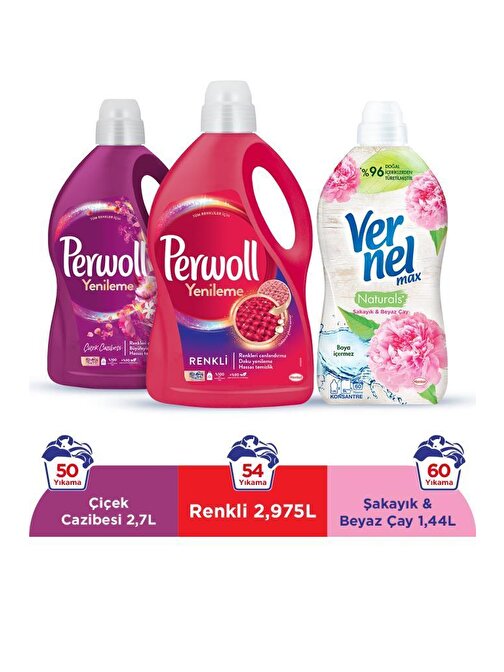Perwoll Sıvı Çamaşır Deterjanı (104 Yıkama) 2,97L Renkli+2,75L Çiçek Cazibesi +Vernel 1440Ml Şakayık