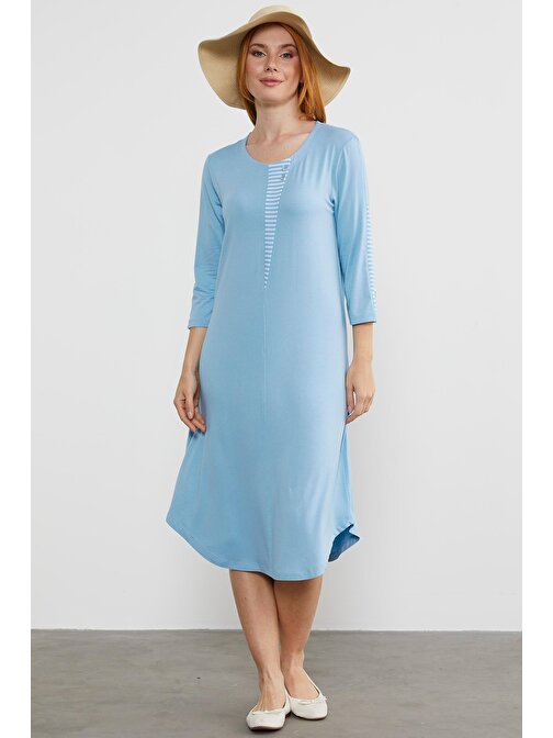 Çizgi Detaylı Dökümlü Penye Elbise - Mavi