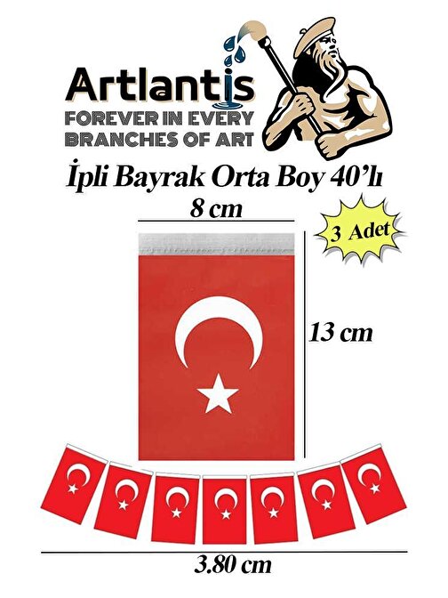 İpli Bayrak Orta Boy 40'lı 8x13cm 3 Paket Türk Bayrağı Kağıt İpli Sıralı Ayyıldız Bayrak Sınıf Süsü Okul Bayram