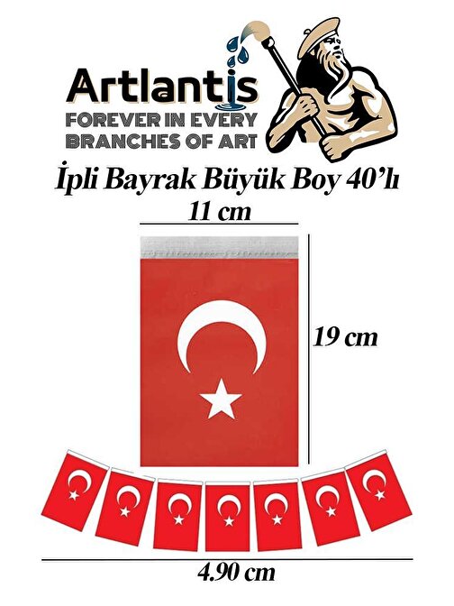 İpli Bayrak Büyük Boy 40'lı 11x19cm 3 Paket Türk Bayrağı Kağıt İpli Sıralı Ayyıldız Bayrak Sınıf Süsü Okul Bayram