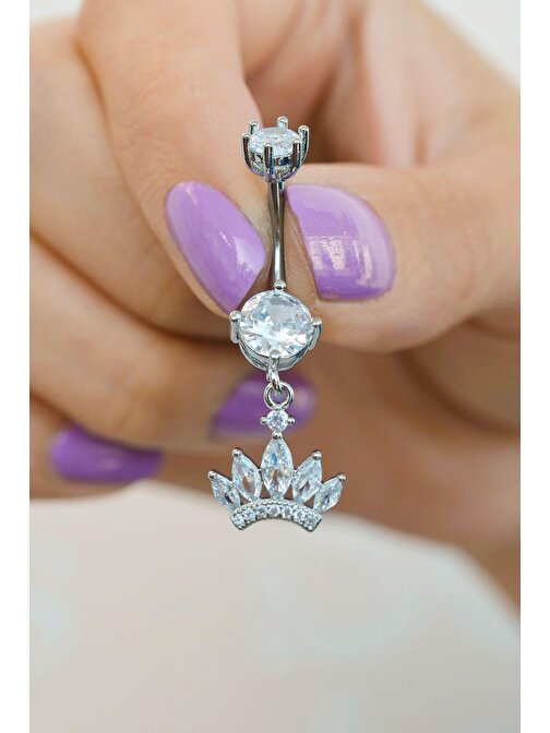 Çelik Prenses Tacı Göbek Piercing Gümüş Renk