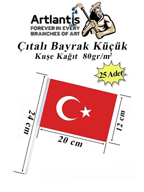 Çıtalı Bayrak Kağıt 20x12 cm 25 Adet Ay Yıldızlı Türk Bayrağı Çıtalı Sopalı Küçük Bayrak Plastik Çubuklu Bayrak