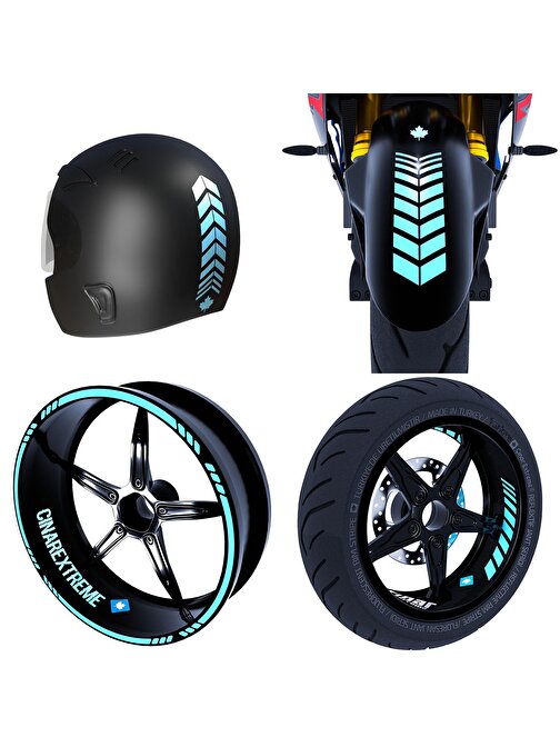 Çınar Extreme Moto Rider 4'Lü Sticker Seti Nane Yeşili İç Dış Jant Şeridi Kask Ve Çamurluk Çınar Extreme