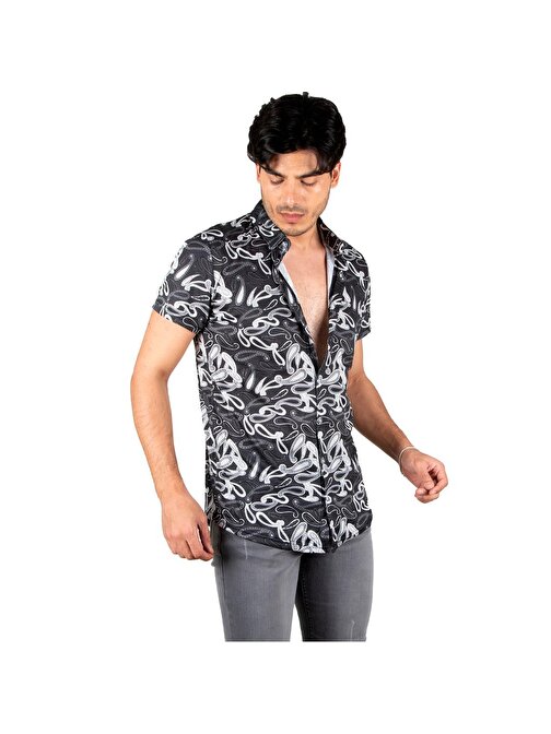 DeepSEA Erkek Siyah Dijital Baskılı Örme Kumaş Likralı Penye Gömlek 2306014