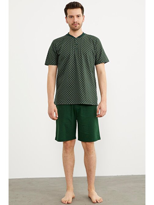 Düğmeli Cep Detaylı Üçlü Pijama Takım - Yeşil