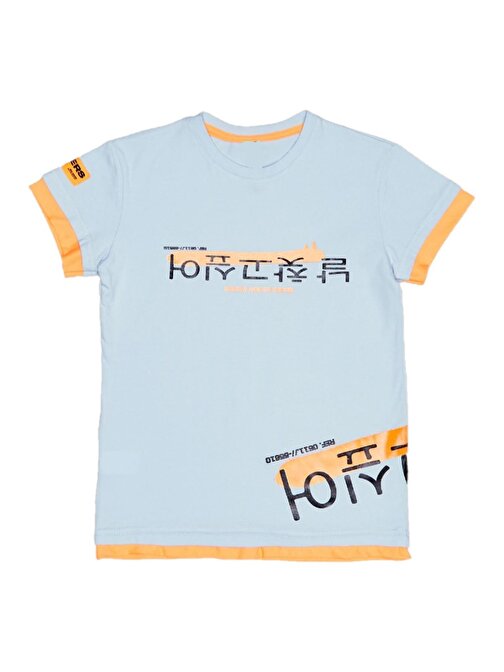 Erkek Çocuk Çift Taraf Japonca Yazı Desenli Tişört Mavi