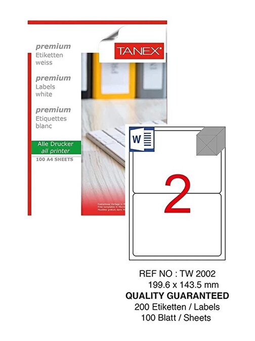 Bilgisayar Etiketi Tw-2002 119,6X143,50 Mm 100 Lü Lazer Etiket 1 Paket Tanex Davetiye Kargo Koli Kutu Etiketi