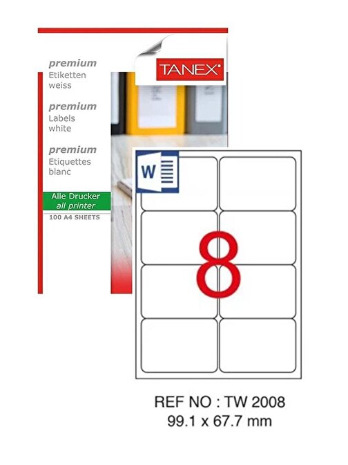 Bilgisayar Etiketi Tw-2008 99,1X67,7 Mm 100 Lü Lazer Etiket 1 Paket Tanex Davetiye Kargo Koli Kutu Etiketi