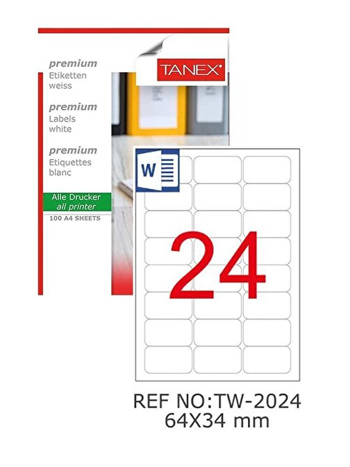 Bilgisayar Etiketi Tw-2024 64X34 Mm 100 Lü Lazer Etiket 1 Paket Tanex Davetiye Kargo Koli Kutu Etiketi