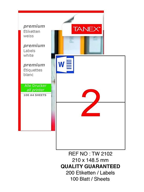 Bilgisayar Etiketi Tw-2102 210X148,5 Mm 100 Lü Lazer Etiket 1 Paket Tanex Davetiye Kargo Koli Kutu Etiketi