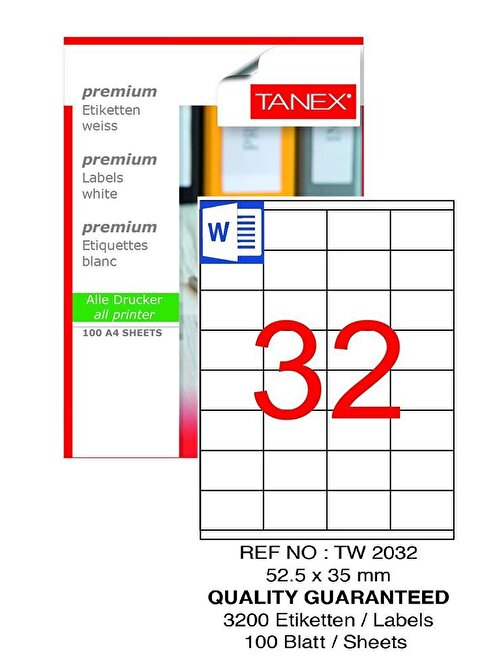 Bilgisayar Etiketi Tw-2032 52,5X35 Mm 100 Lü Lazer Etiket 1 Paket Tanex Davetiye Kargo Koli Kutu Etiketi