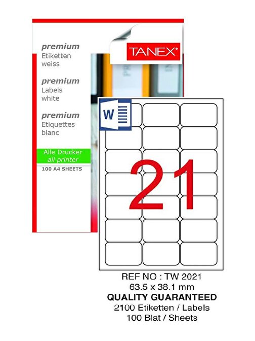 Bilgisayar Etiketi Tw-2021 63,5X38,1 Mm 100 Lü Lazer Etiket 1 Paket Tanex Davetiye Kargo Koli Kutu Etiketi