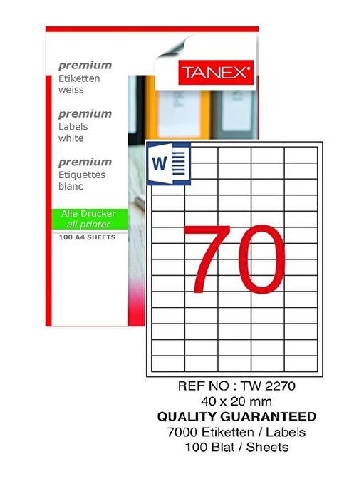 Bilgisayar Etiketi Tw-2070 40X20 Mm 100 Lü Lazer Etiket 1 Paket Tanex Davetiye Kargo Koli Kutu Etiketi