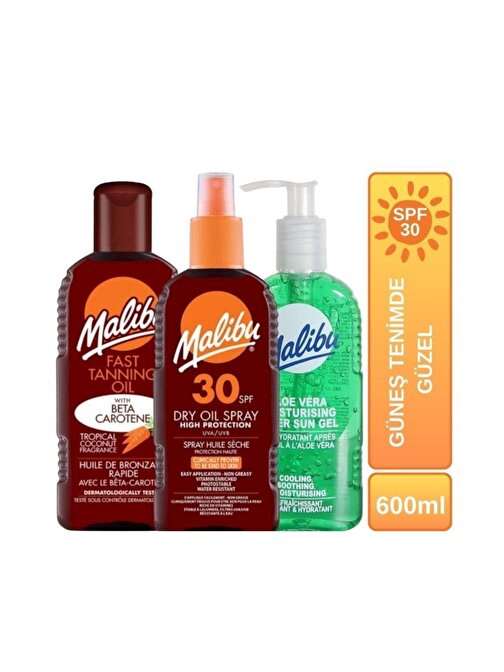 Malibu Güneş Sonrası Aloe Vera Yatıştırıcı Jel + Bronzlaştırıcı Yağ + Bronzlaştırcı Sprey Spf30 600Ml 3Lü Set