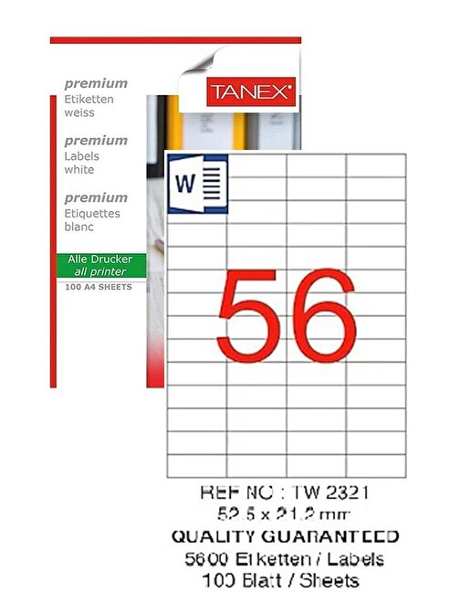 Bilgisayar Etiketi Tw-2321 52,5X21,2 Mm 100 Lü Lazer Etiket 1 Paket Tanex Davetiye Kargo Koli Kutu Etiketi