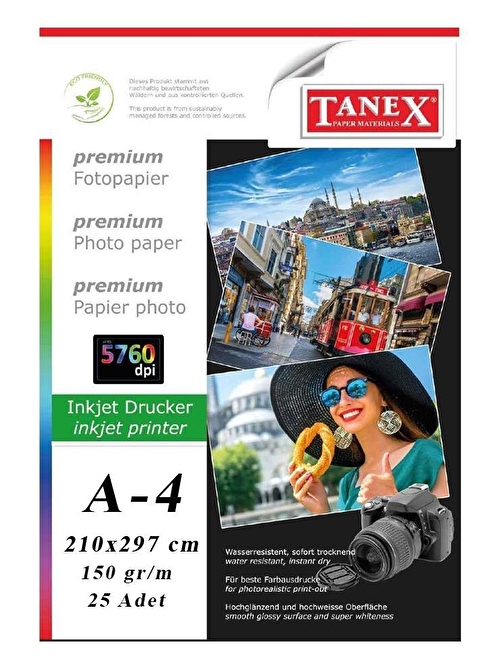 Tanex A4 Ofis Ve Ev Tipi Mürekkepli Yazıcılar İçin Fotoğraf Baskı Fotokopi Kağıdı Beyaz 25'li 1 Paket 150  gr