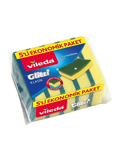 Vileda Glitzi Klasik Yeşil Düz Hijyenik Bulaşık Süngeri 5'li Eko Paket