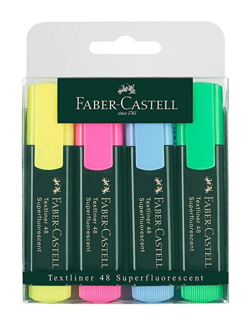 Faber-Castell Fosforlu Kalem 4'lü Textliner Canlı Renkler Kesik Uçlu İşaretleme Kalemi Sarı Mavi Yeşil Pembe