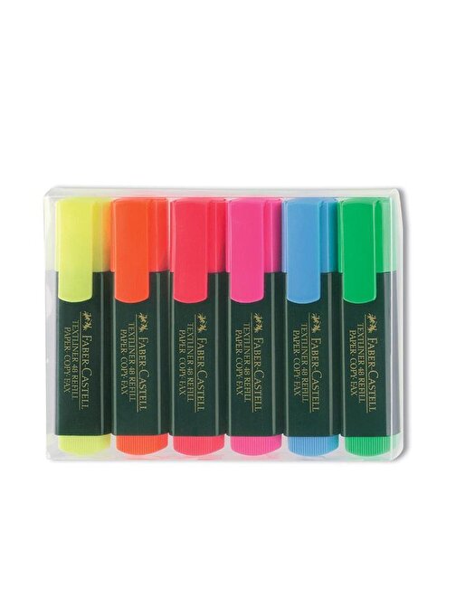 Faber-Castell Fosforlu Kalem 6'lı Textliner Canlı Renkler Kesik Uçlu İşaretleme Kalemi Sarı Turuncu Kırmızı Pembe Mavi Yeşil