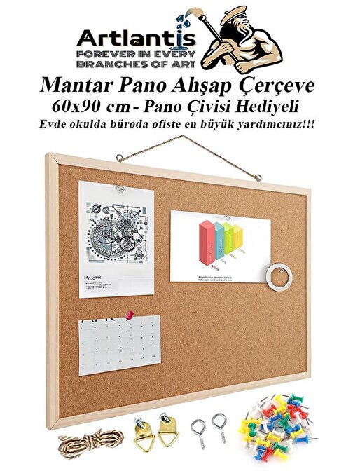 Mantar Pano Ahşap Çerçeve 60x90 cm 1 Adet Harita Çivisi Hediyeli Duvara Monte Mantar Çerçeve Evde Okulda Büroda Ofiste