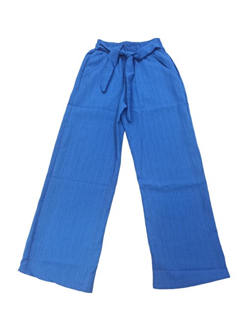 Kız Çocuk Cepli Beli Lastikli Kuşaklı Bol Paça Oversize Mavi Pantolon