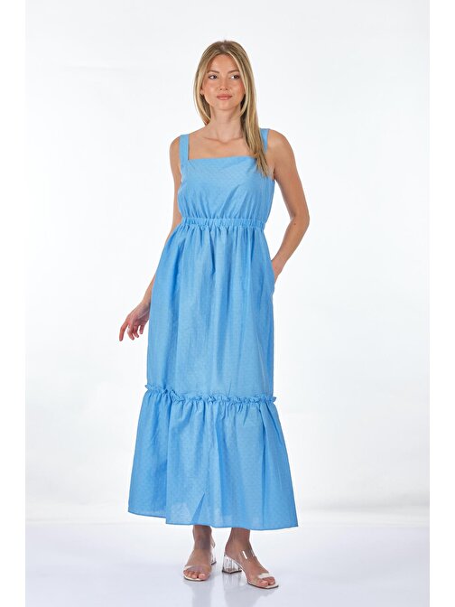 Naar Kare Yaka Kalın Askılı Mavi Kadın Elbise 23161161
