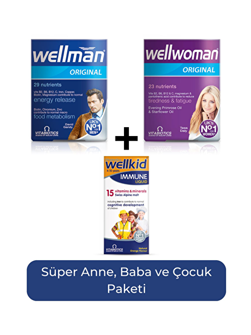 Vitabiotics Wellman + Wellwoman + Wellkid Immune Liquid Süper Anne, Baba Ve Çocuk Paketi