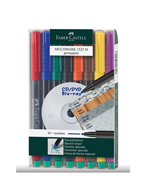 Faber Castell İnce M Keçe Uçlu Silinmez Renkli Asetat Kalemi 8 Renk 1.0 mm 1 Paket