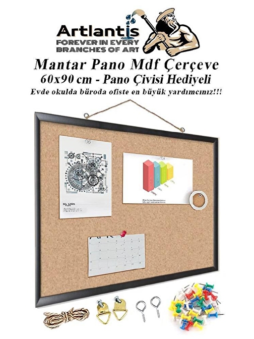 Mantar Pano Mdf Çerçeve 60x90 cm 1 Adet Harita Çivisi Hediyeli Duvara Monte Mantar Çerçeve Evde Okulda Büroda Ofiste