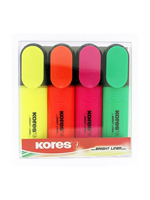 Kores Fosforlu Kalem 4'lü İşaretleme Kalemi 4 Renk Fosforlu Renkler Turuncu Sarı Pembe Yeşil