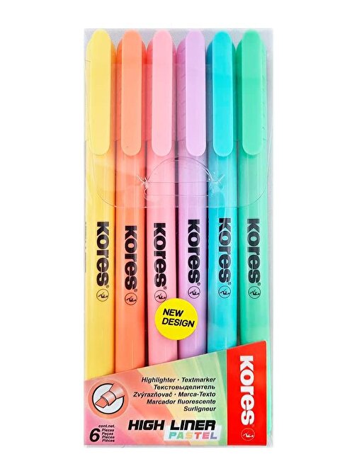 Kores Fosforlu Kalem 6'lı Pastel Renk İşaretleme Kalemi Kesik Uç 6 Renk Pastel Renkler Sarı Turuncu Pembe Yeşil Mavi Mor