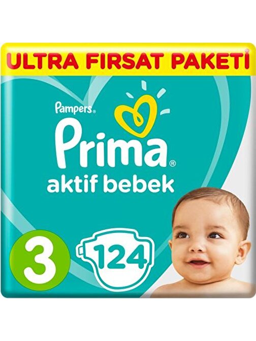 Prima Aktif 4 - 9 kg 3 Numara Ultra Fırsat Paketi Bebek Bezi 124 Adet