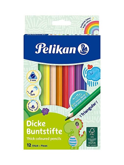 Pelikan Jumbo Üçgen Canlı Kuru Boya Kalemi Tam Boy 12'li Çok Renkli