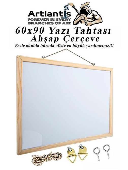 Duvara Monte Beyaz Yazı Tahtası 60x90 cm 1 Adet Laminant Yazı Tahtası Ahşap Çerçeveli Askılı Okul Ofis Büro