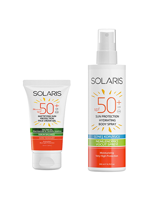 Solaris Yağlı Cilt Tipleri İçin Jel Güneş Kremi Spf50+ 50 ml + Güneş Koruyucu Krem Sprey Spf50+ 200 ml