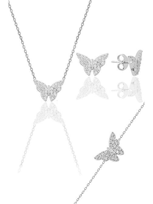Gümüş rodyumlu zirkon taşlı kelebek kolye küpe ve bileklik üçlü set SGTL12119RODAJ