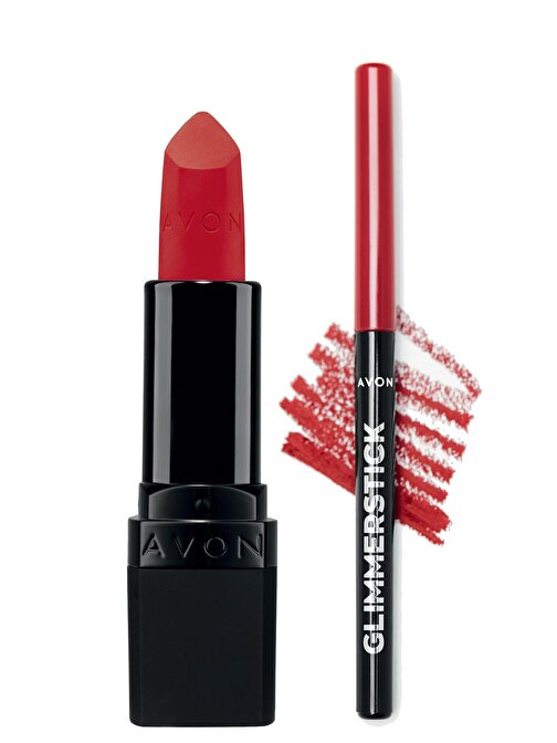 Avon Ultra Mat Ruj Truest Red ve Glimmerstick Simli Ruby Shock Dudak Kalemi Set