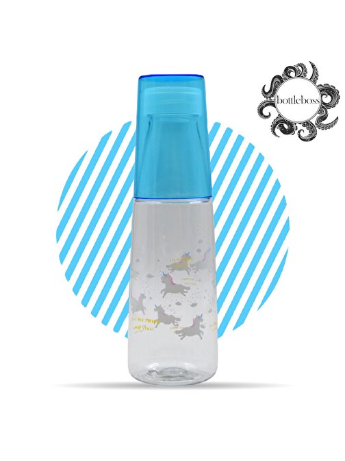 BottleBoss Renkli Bardaklı Desenli Sızdırmaz Kapaklı Su Şişesi Matara 600 ml Mavi
