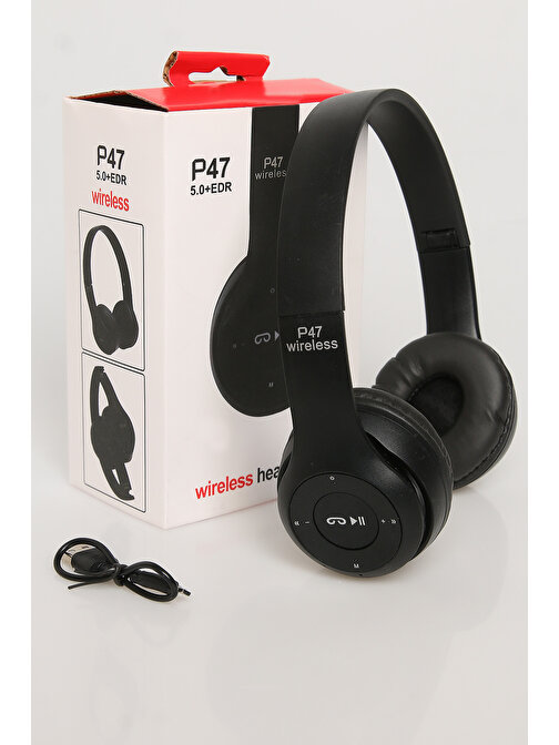 P47Kulak Üstü Katlanabilir Bluetooth Kulaklık Siyah Renk