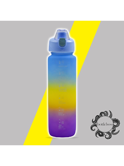 BottleBoss Pastel Renk Geçişli Sızdırmaz Kapak Motivasyon Matarası 1100 ml Sticker Hediyeli Mavi