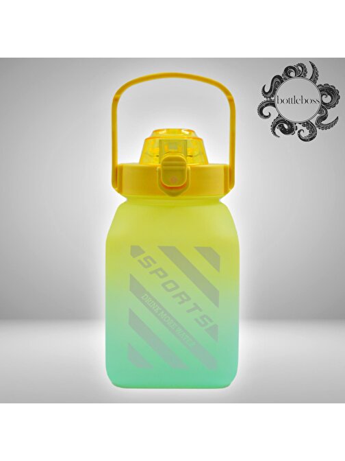 BottleBoss Kare Spor Model Taşıma Askılı Pipetli Motivasyon Matarası 1.5 lt Sticker Hediyeli Sarı