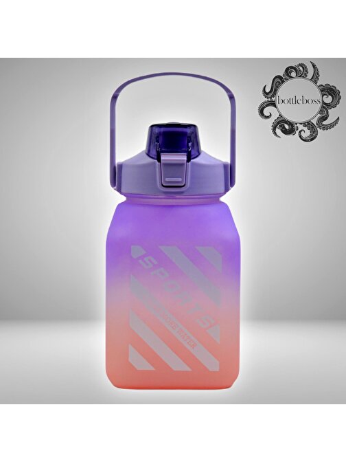 BottleBoss Kare Spor Model Taşıma Askılı Pipetli Motivasyon Matarası 1.5 lt Sticker Hediyeli Mor