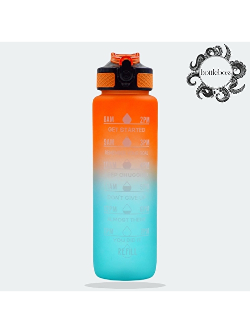 BottleBoss BB - 89959 Renk Geçişli Sızdırmaz Kapak Motivasyon Matarası 1 lt Sticker Hediyeli Turuncu