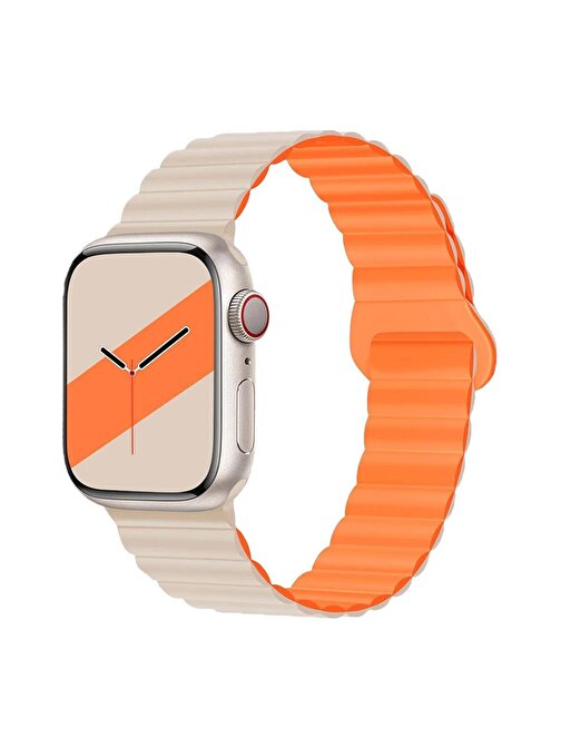 E2M Apple Watch 42 - 44 - 45 - 49 mm KRD06 Deri Bükme Çift Akıllı Saat Kordonu Bej
