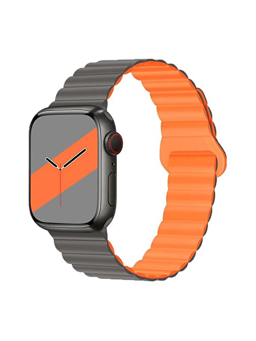 E2M Apple Watch 42 - 44 - 45 - 49 mm KRD06 Deri Bükme Çift Akıllı Saat Kordonu Gri