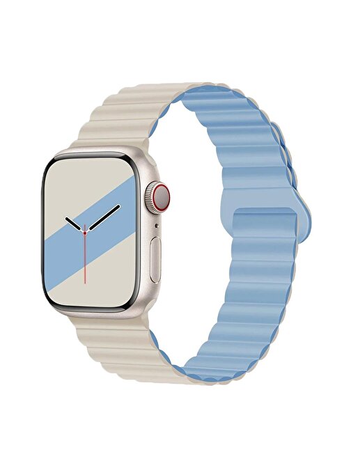 E2M Apple Watch 42 - 44 - 45 - 49 mm KRD06 Deri Bükme Çift Akıllı Saat Kordonu Mavi