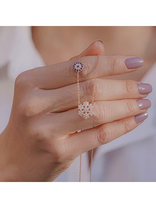 Kar Tanesi Nazar Tasarımlı Rose Kaplama 925 Ayar Gümüş Kadın Kolye